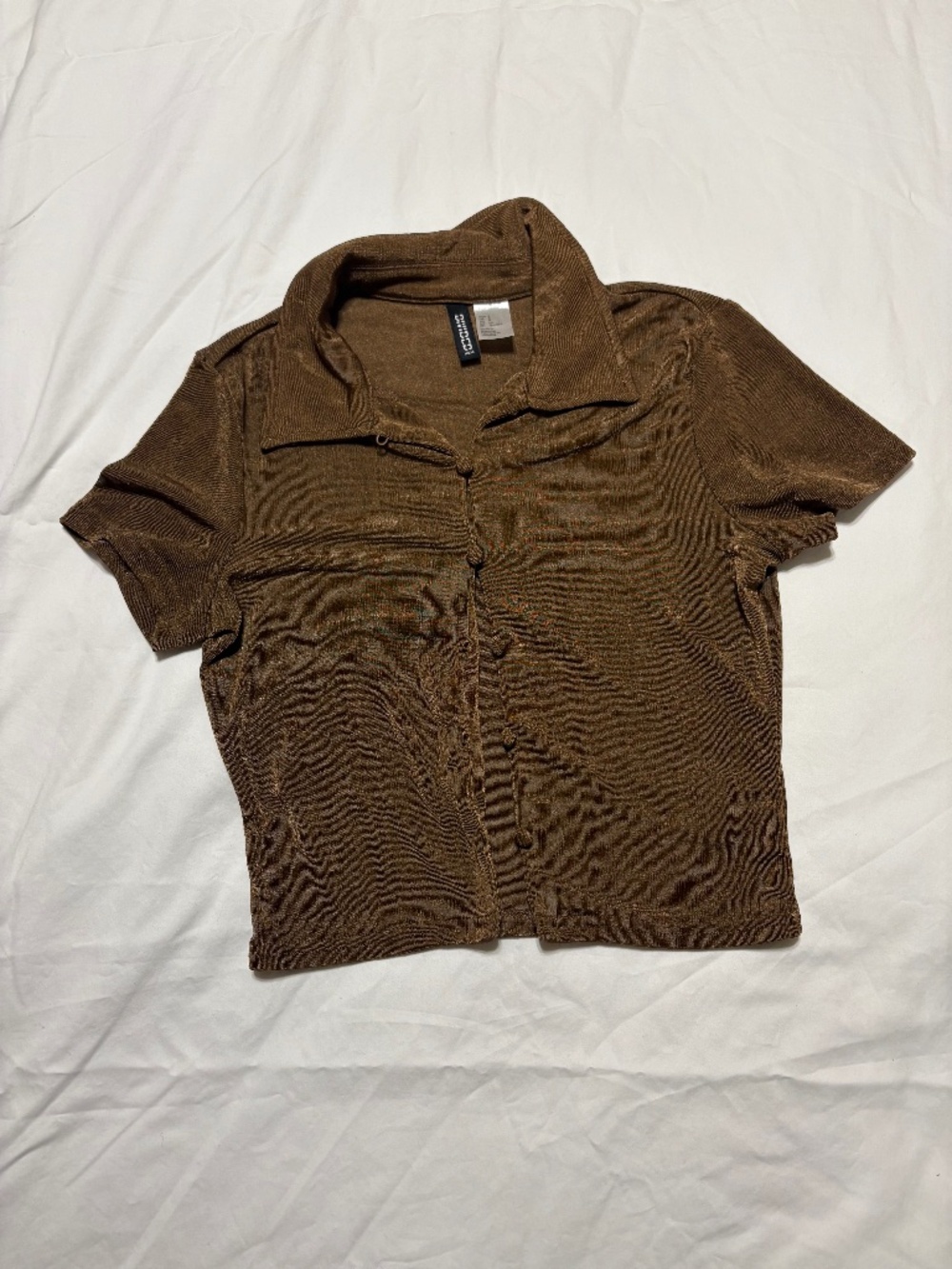 H&M Divided Brown Ribbed Collared Short Sleeve Button Up Top NWOT Small